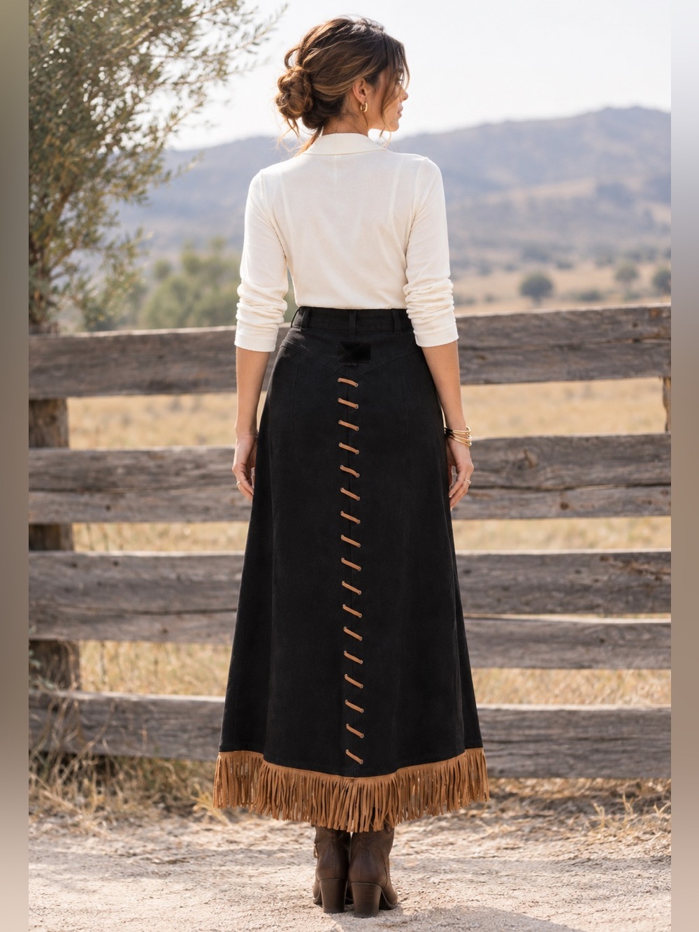 Roughrider Vintage Western Fringe Maxi Skirt Denim Lace-Up Back Size 12